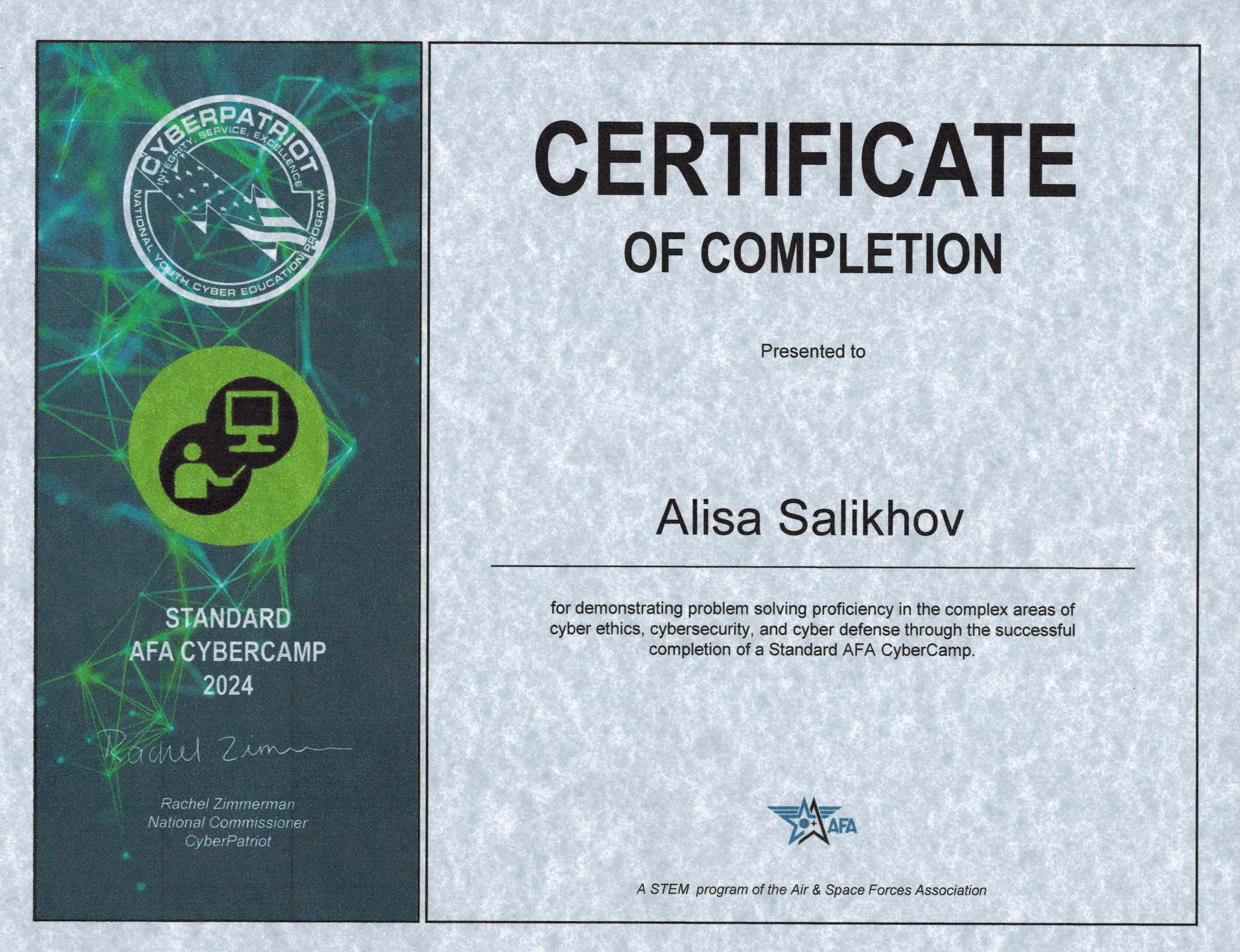 AFA CyberPatriot Standard CyberCamp — Certificate of Completion