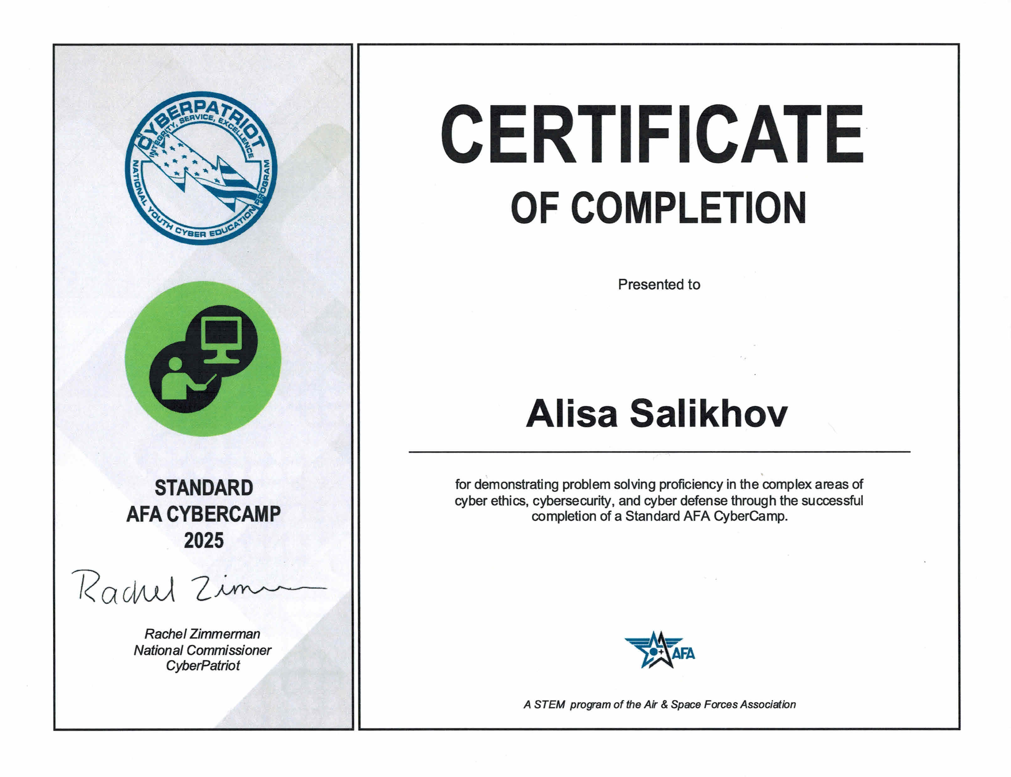 AFA CyberPatriot Standard CyberCamp 2025 — Certificate of Completion
