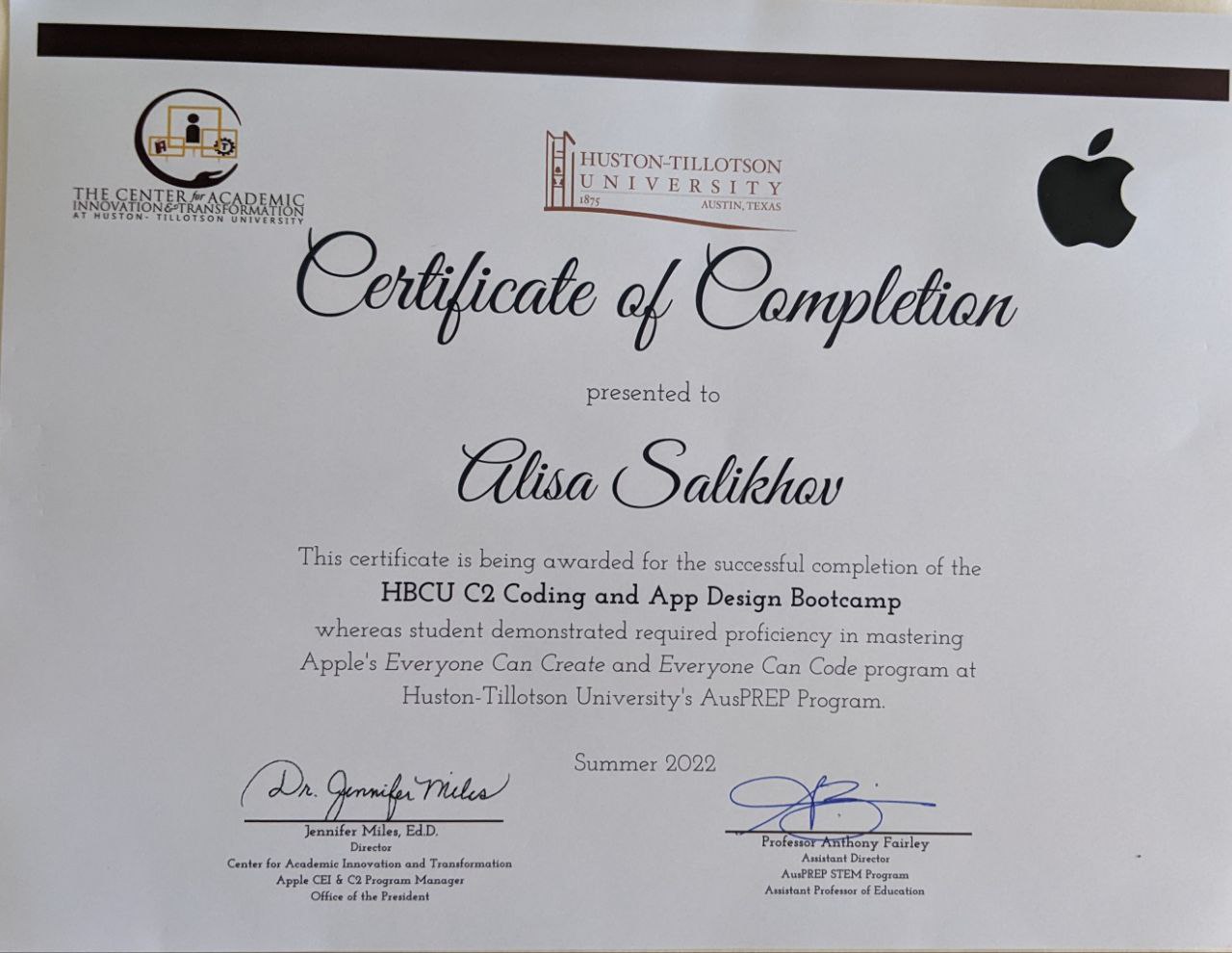 HBCU C2 Coding and App Design Bootcamp — Certificate of Completion