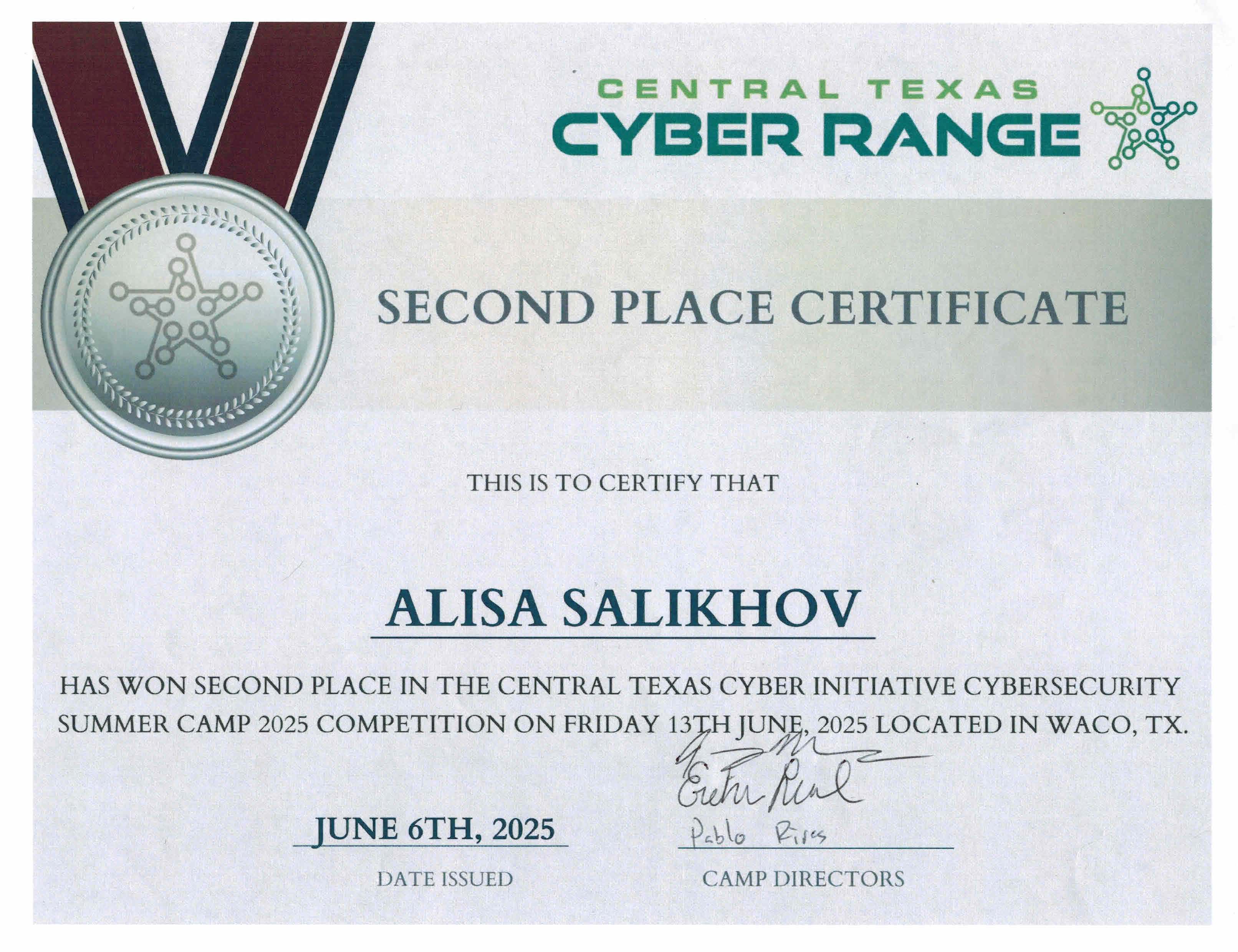 Central Texas Cyber Range — 2nd Place, Cybersecurity Summer Camp 2025
