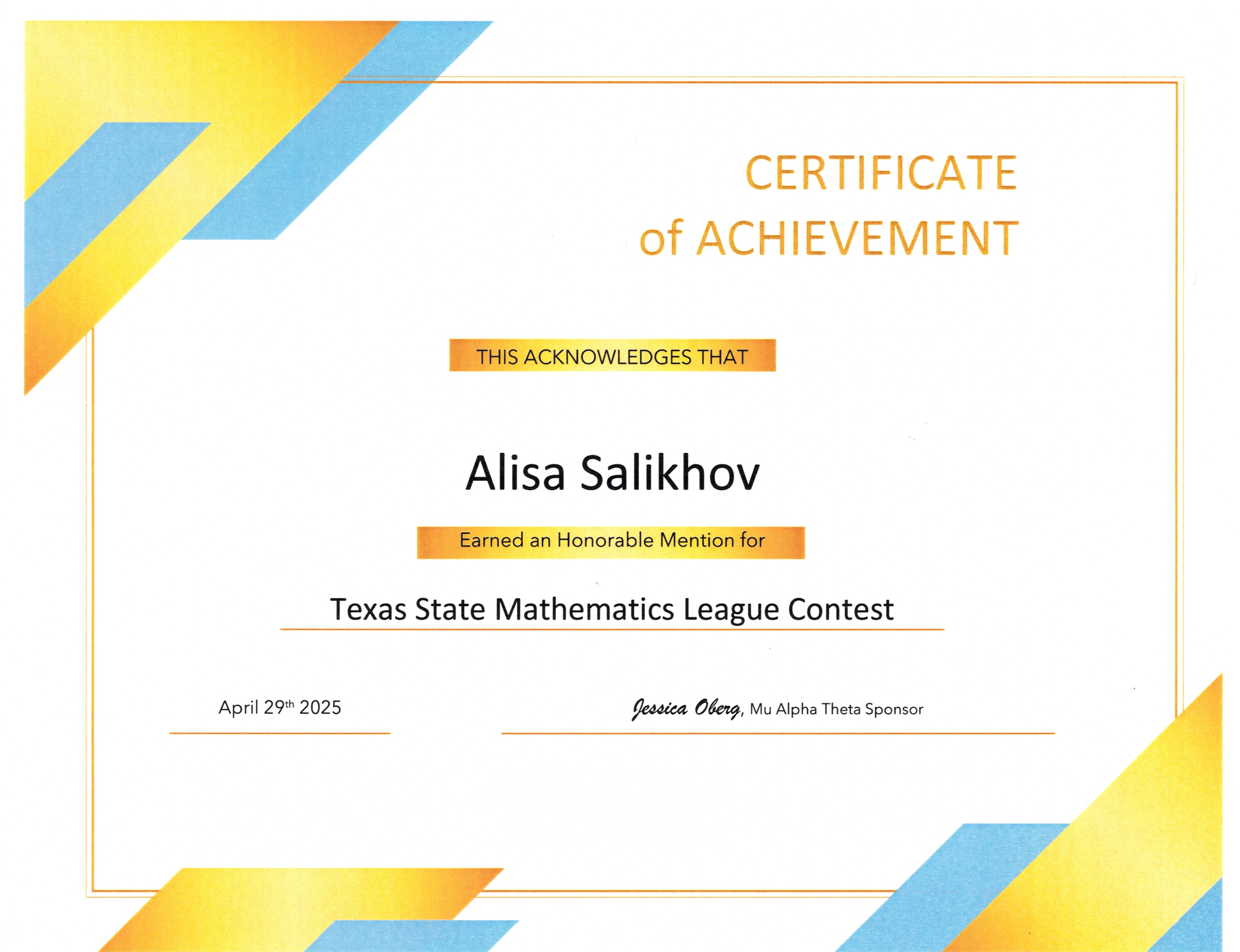 Texas State Mathematics League — Honorable Mention