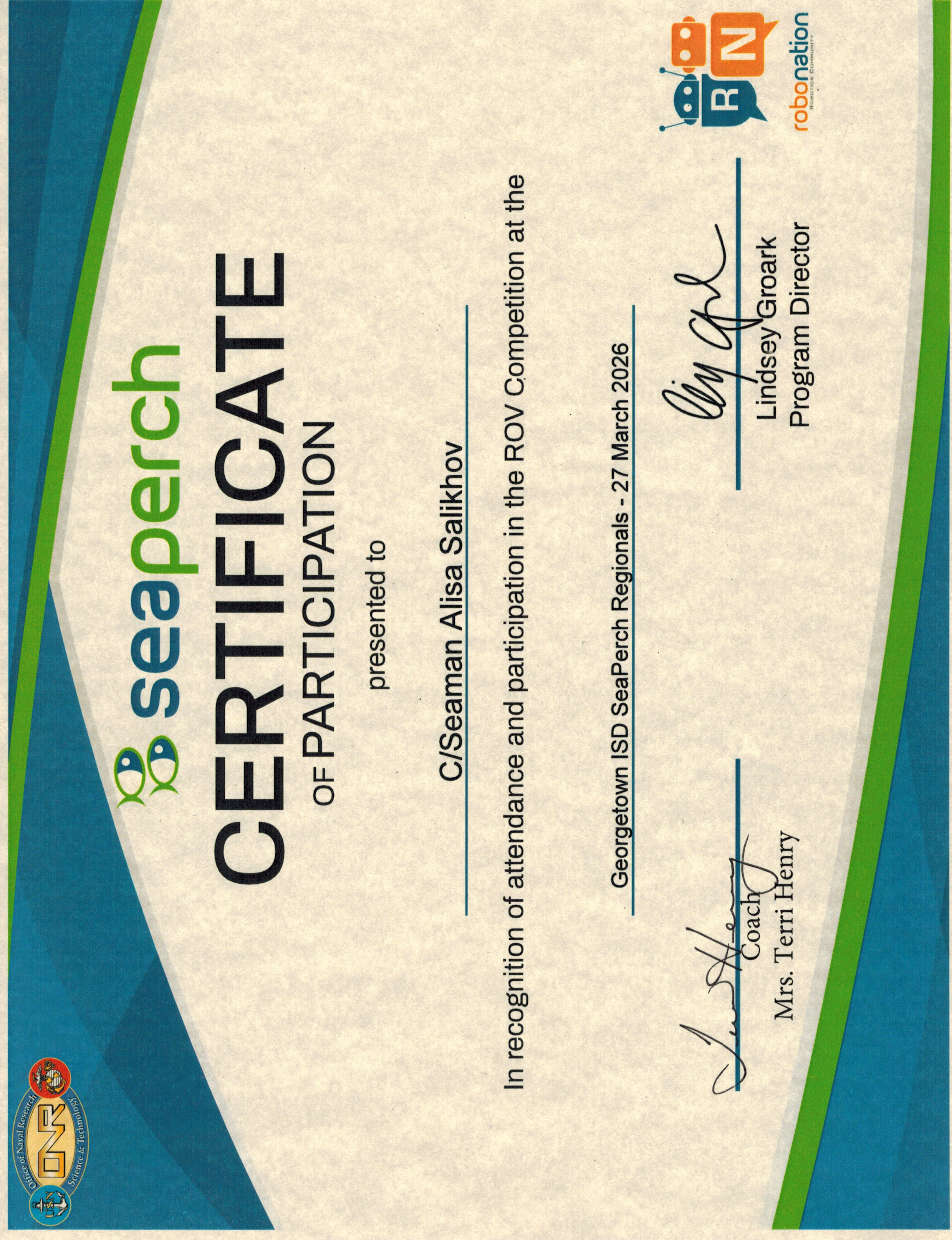 SeaPerch ROV Competition — Certificate of Participation