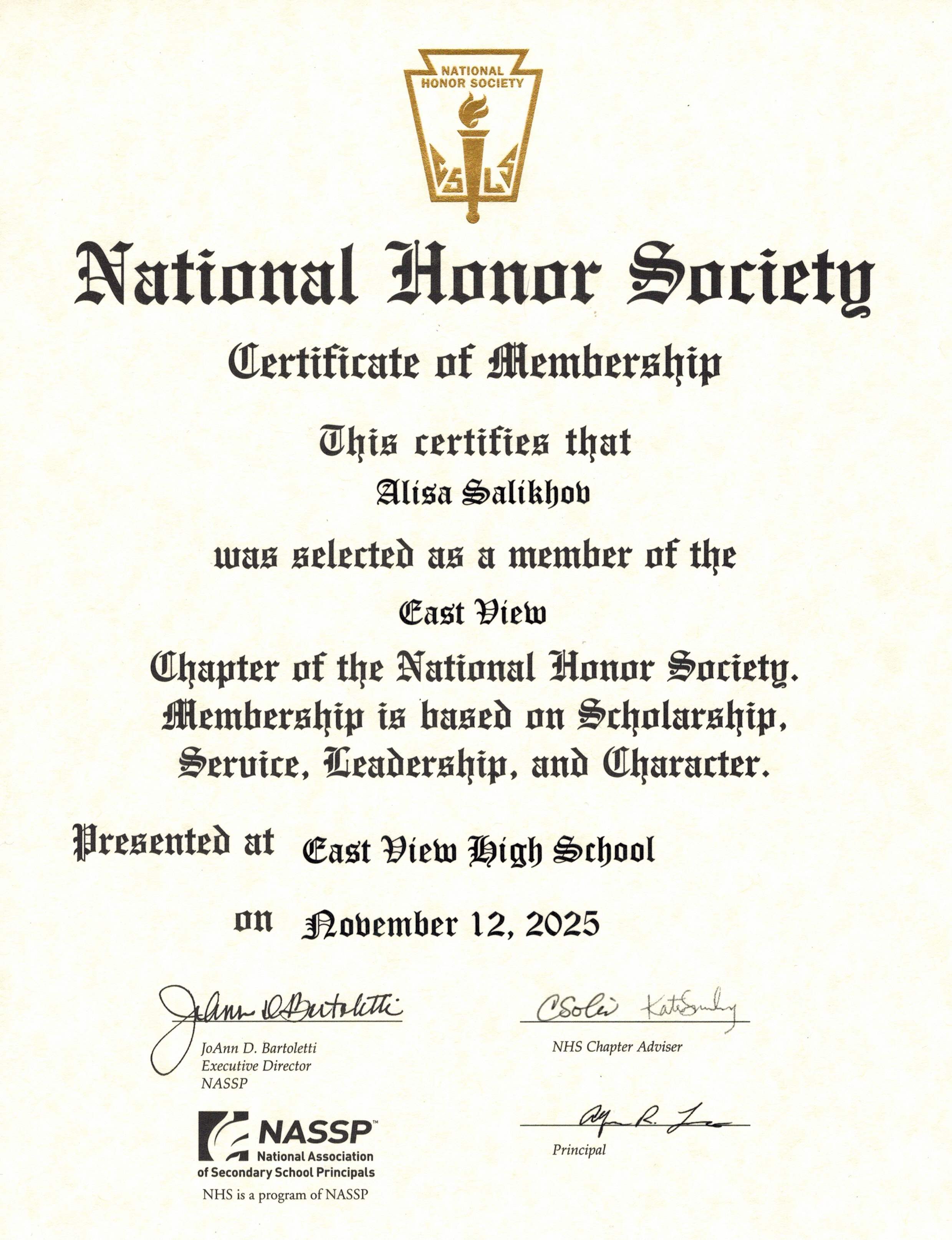 National Honor Society — Certificate of Membership