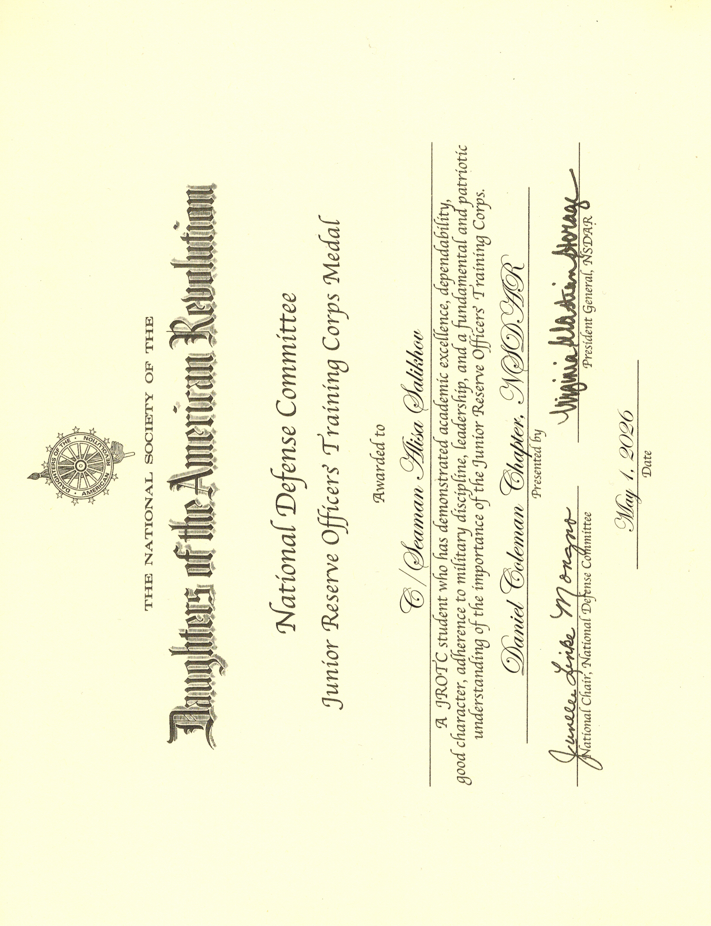 DAR JROTC Medal — National Defense Committee Certificate