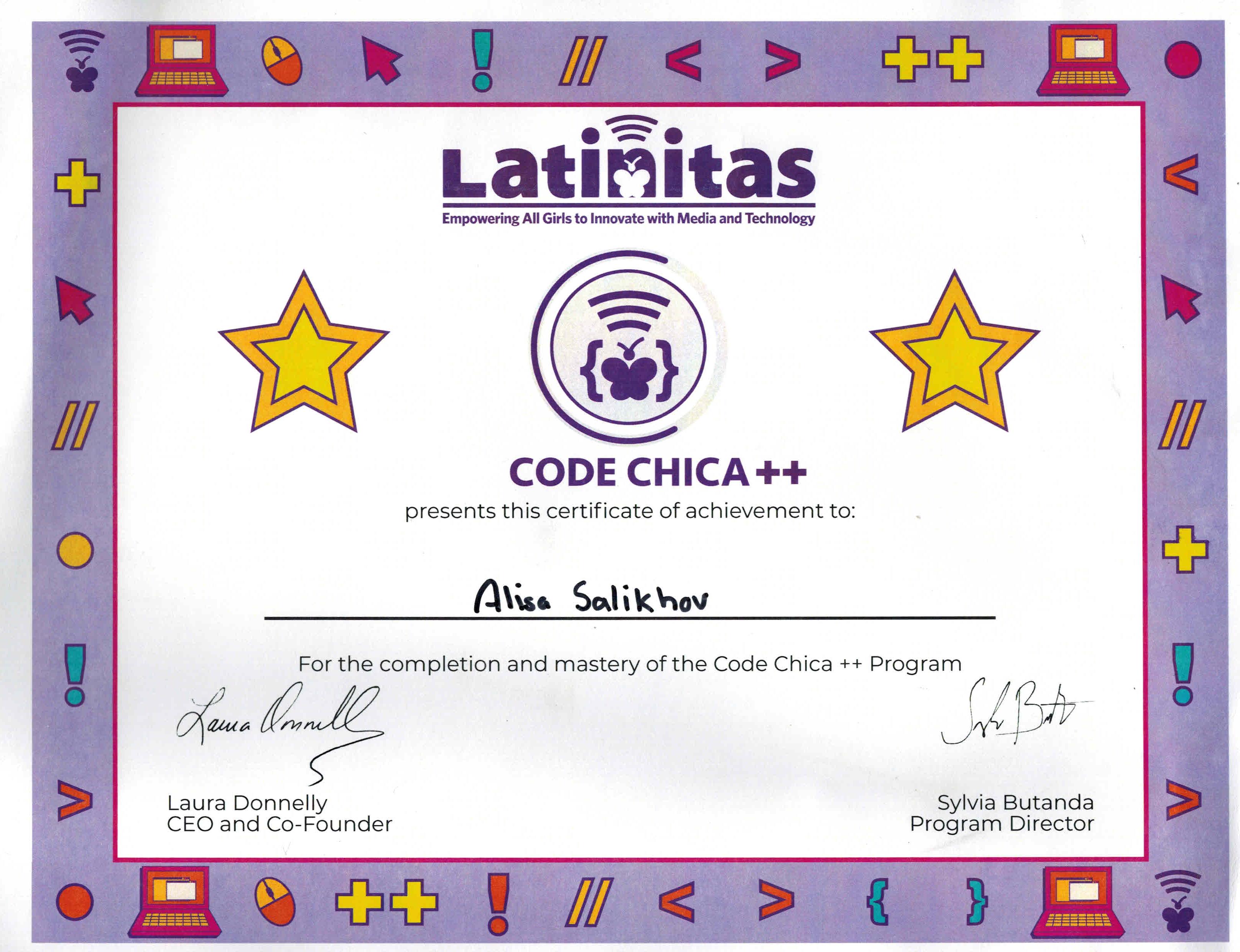 Code Chica++ — Certificate of Achievement