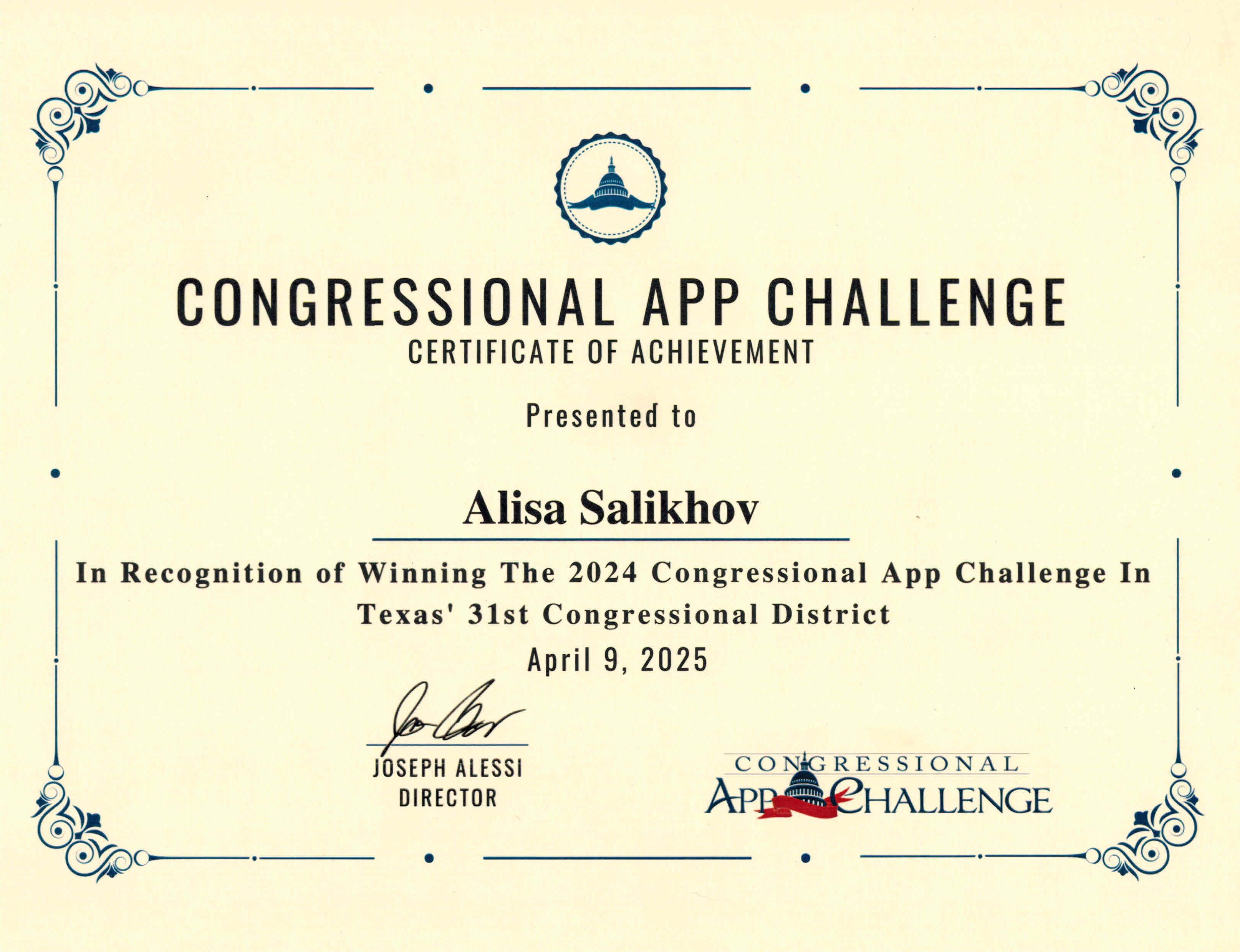 Congressional App Challenge 2024 — Certificate of Achievement, Winner TX-31