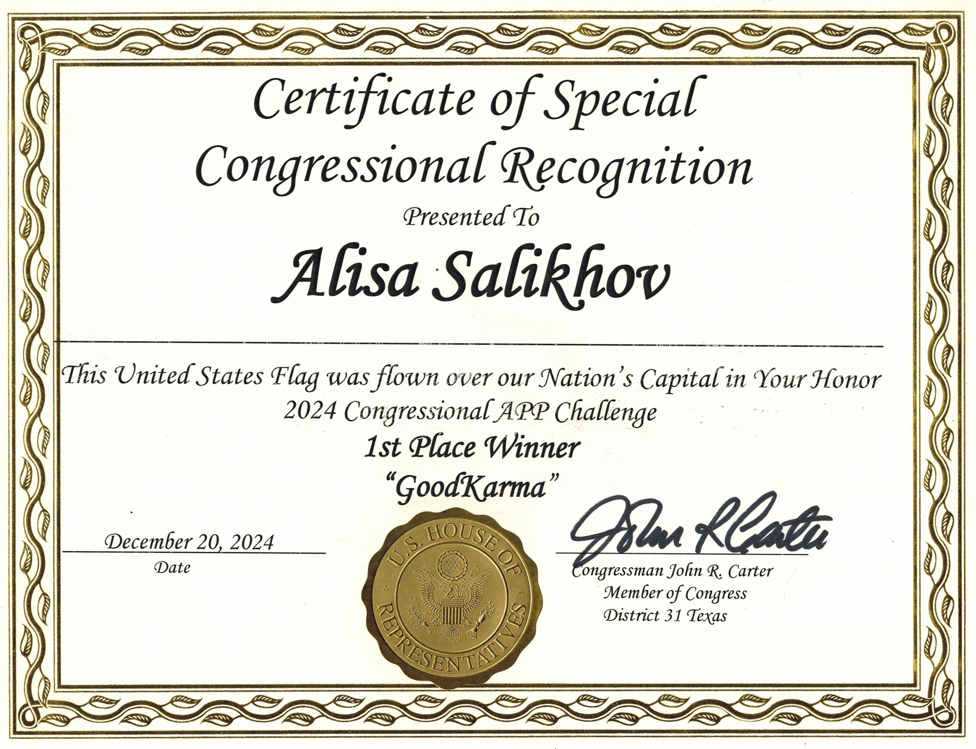 Certificate of Special Congressional Recognition — GoodKarma, 1st Place