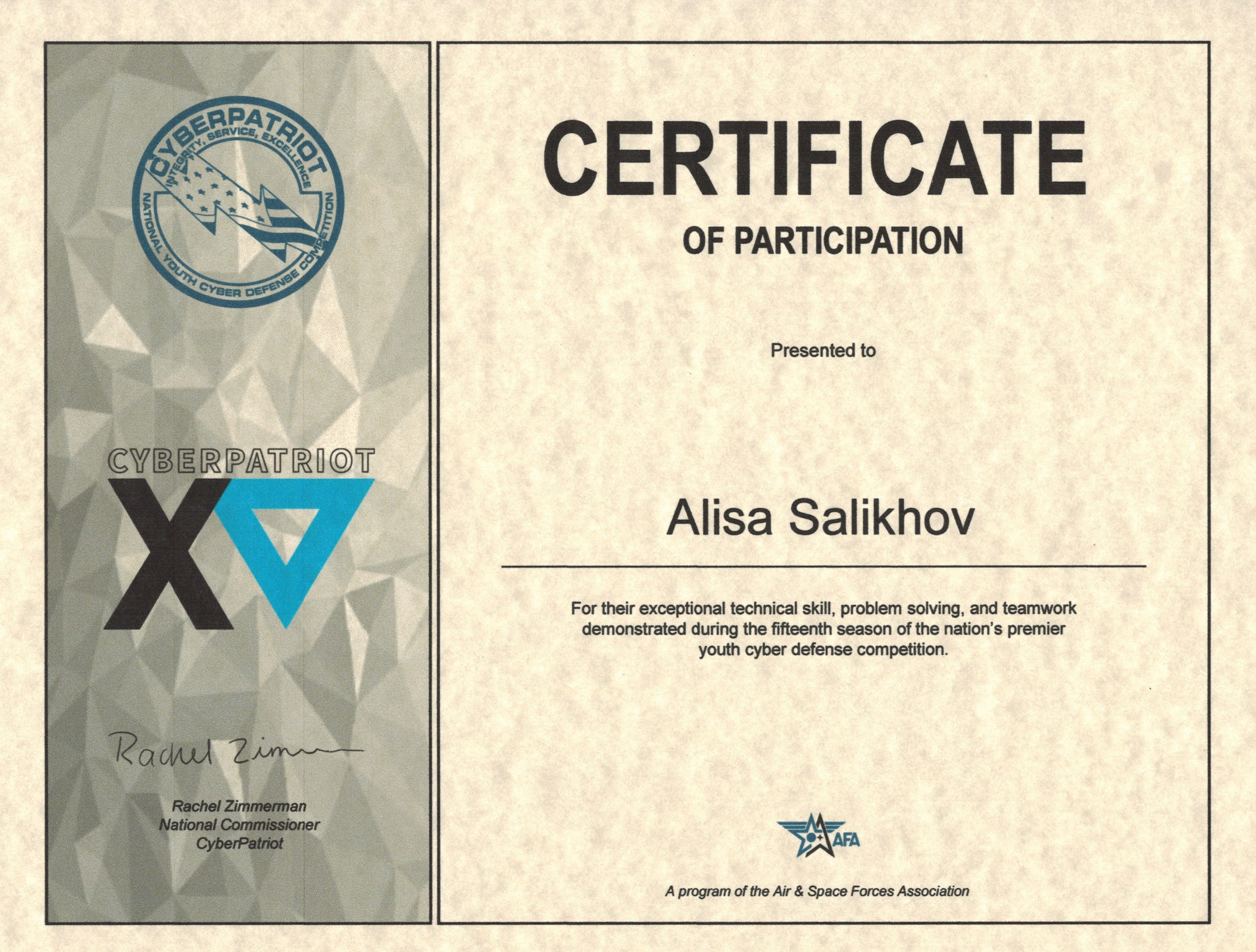CyberPatriot XV — Certificate of Participation