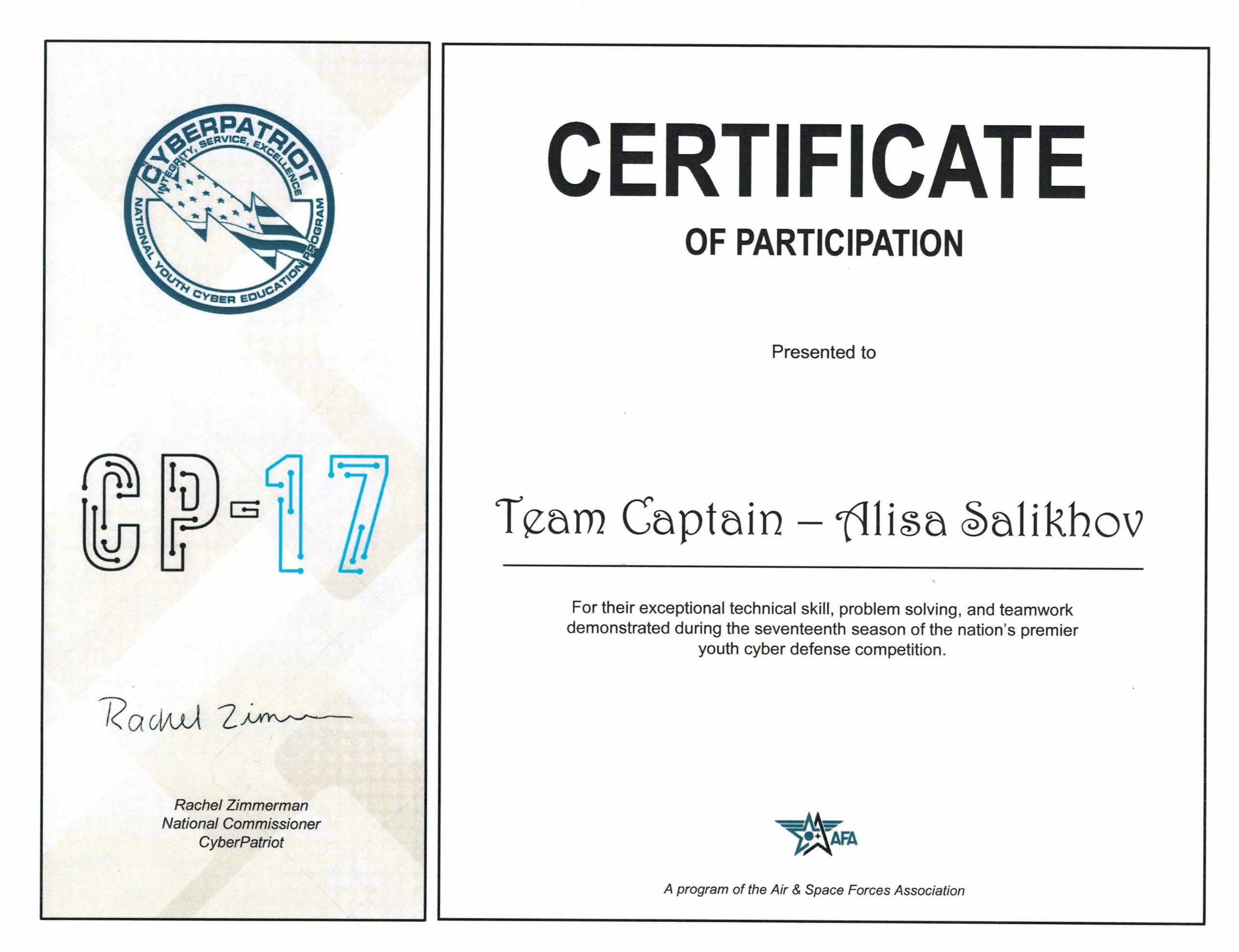 CyberPatriot 17 — Team Captain, Certificate of Participation