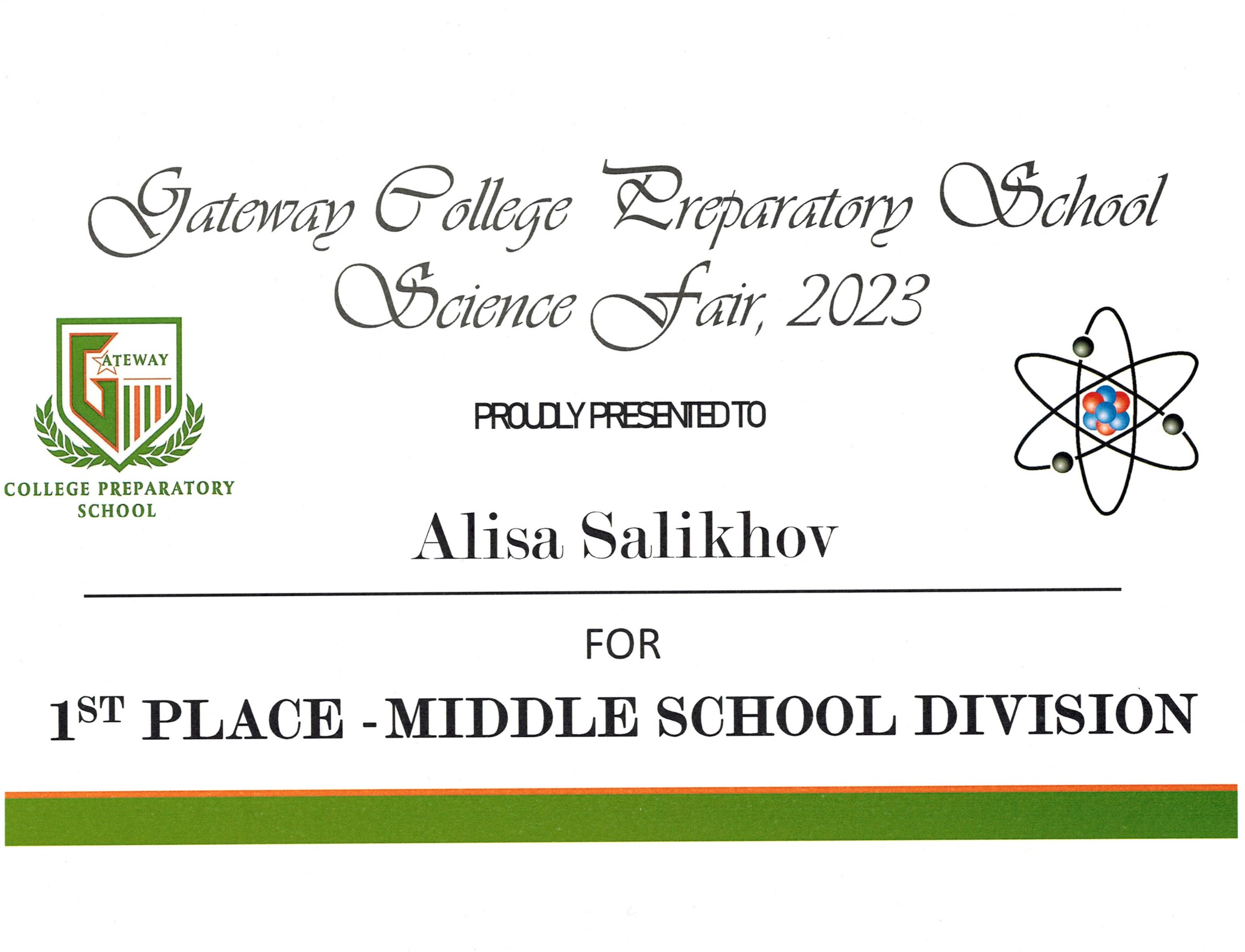 Gateway College Prep Science Fair 2023 — 1st Place, Middle School Division