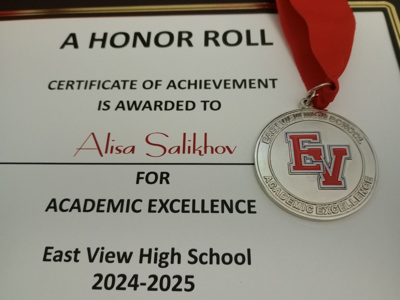 A Honor Roll — Certificate & Academic Excellence Medal