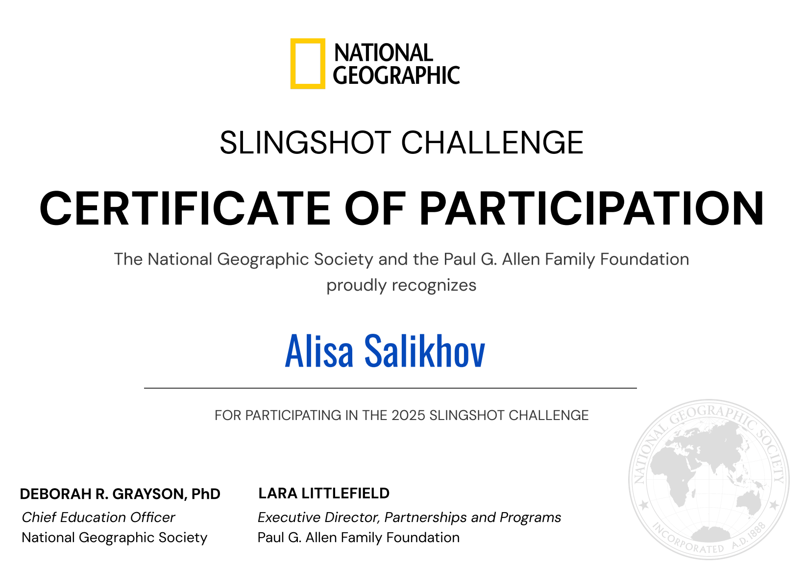 National Geographic Slingshot Challenge — Certificate of Participation