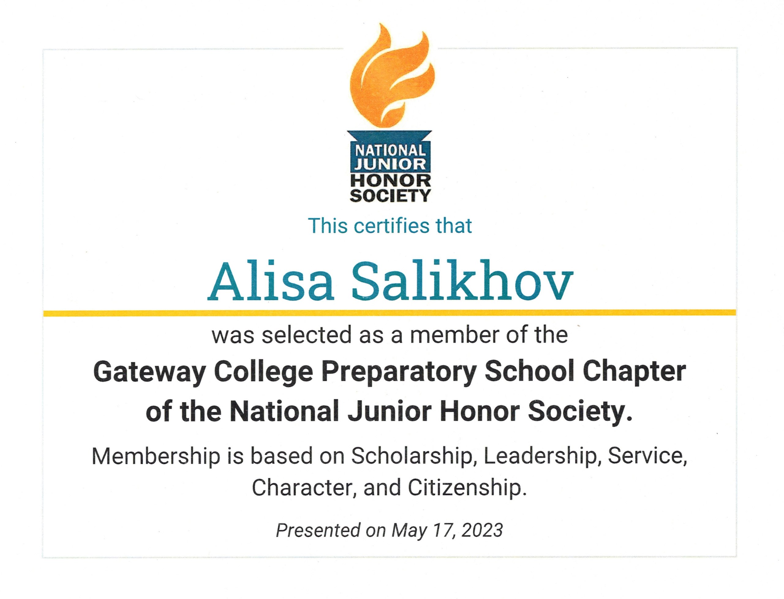 National Junior Honor Society — Membership Certificate