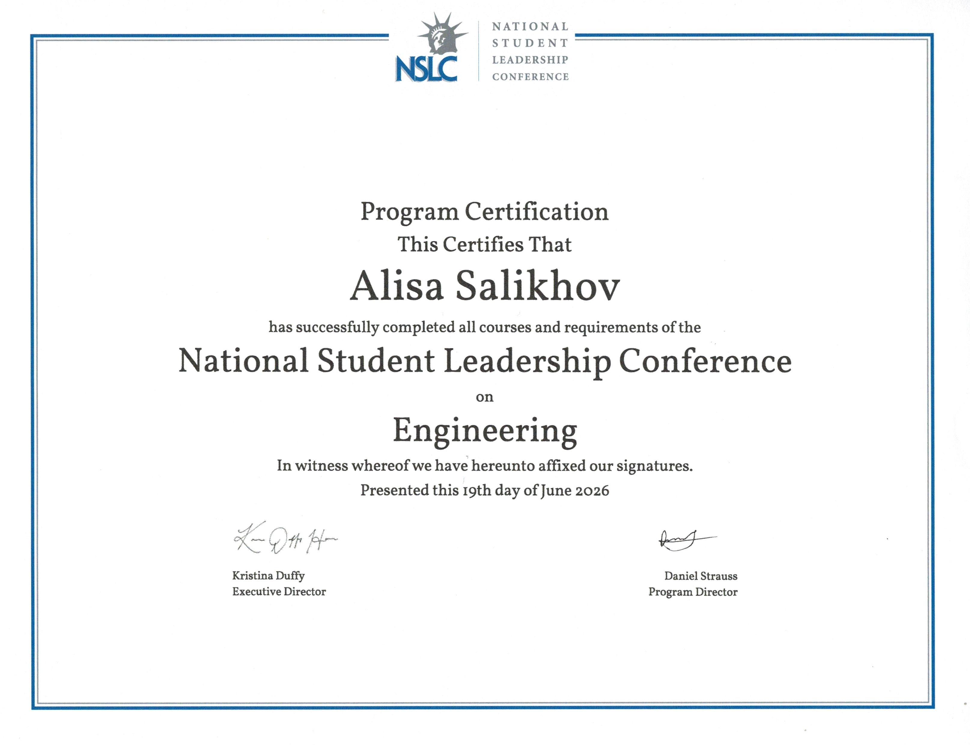 National Student Leadership Conference on Engineering — Program Certification