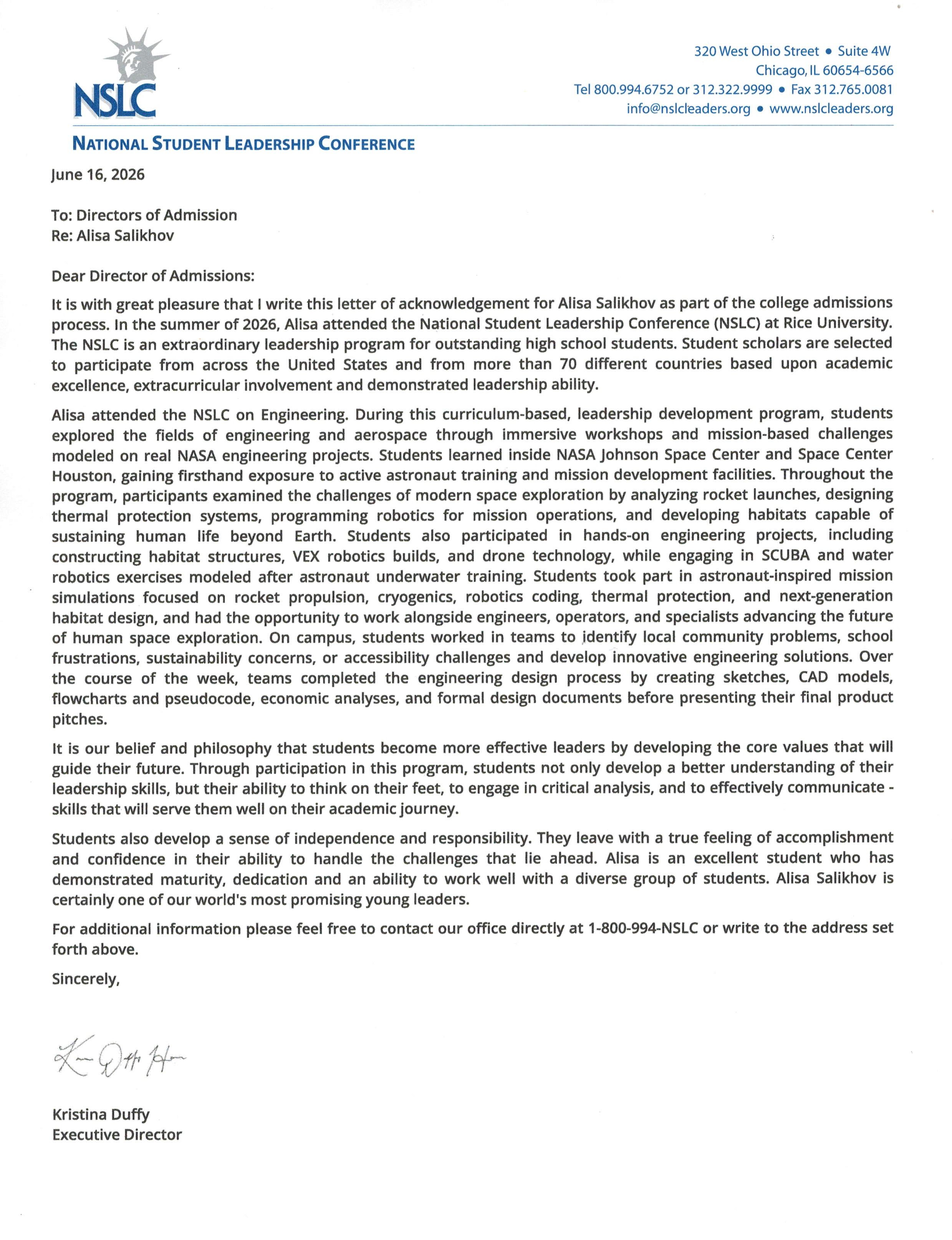 NSLC Engineering — Letter of Acknowledgement for College Admissions