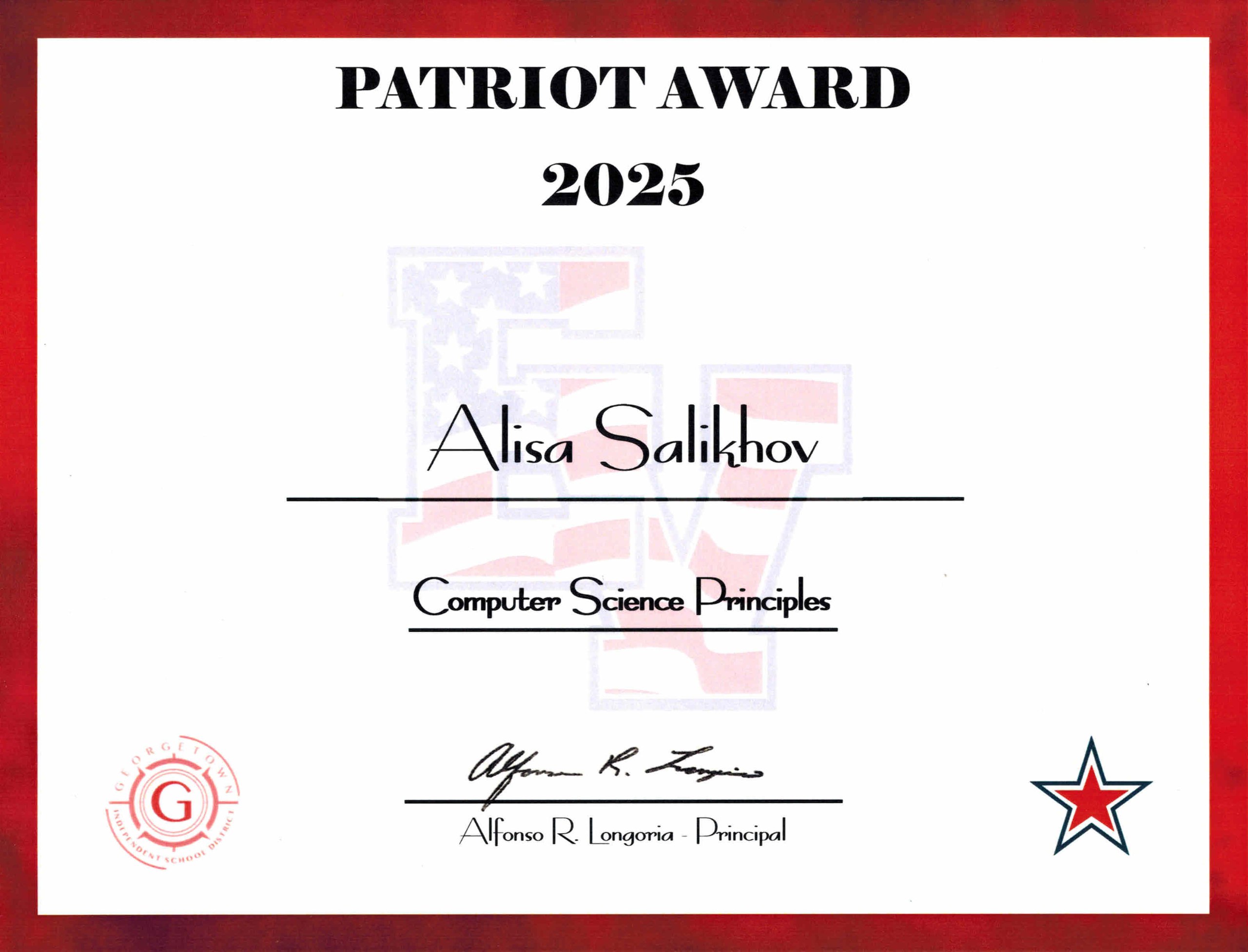 Patriot Award 2025 — Computer Science Principles