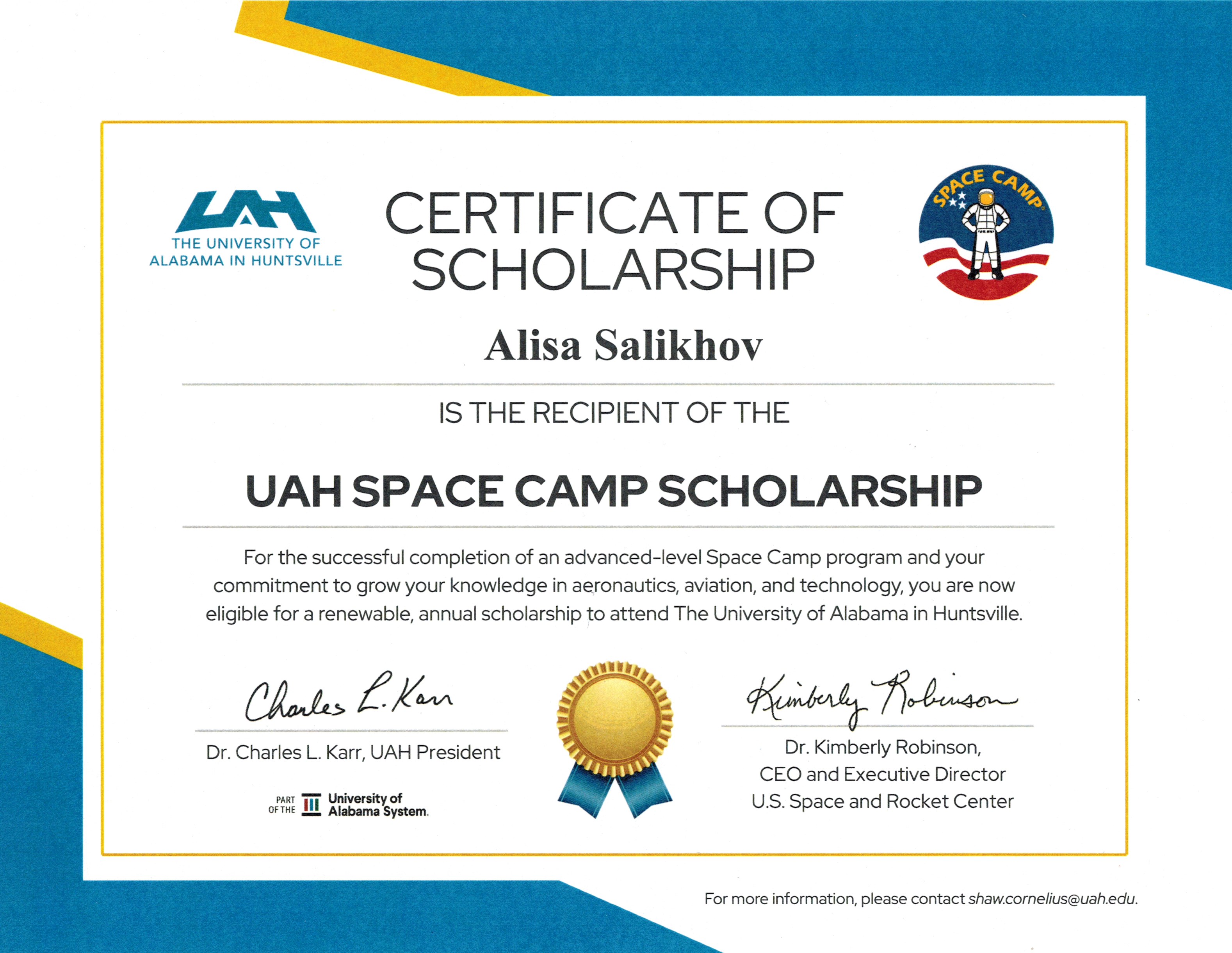 UAH Space Camp Scholarship — Certificate of Scholarship