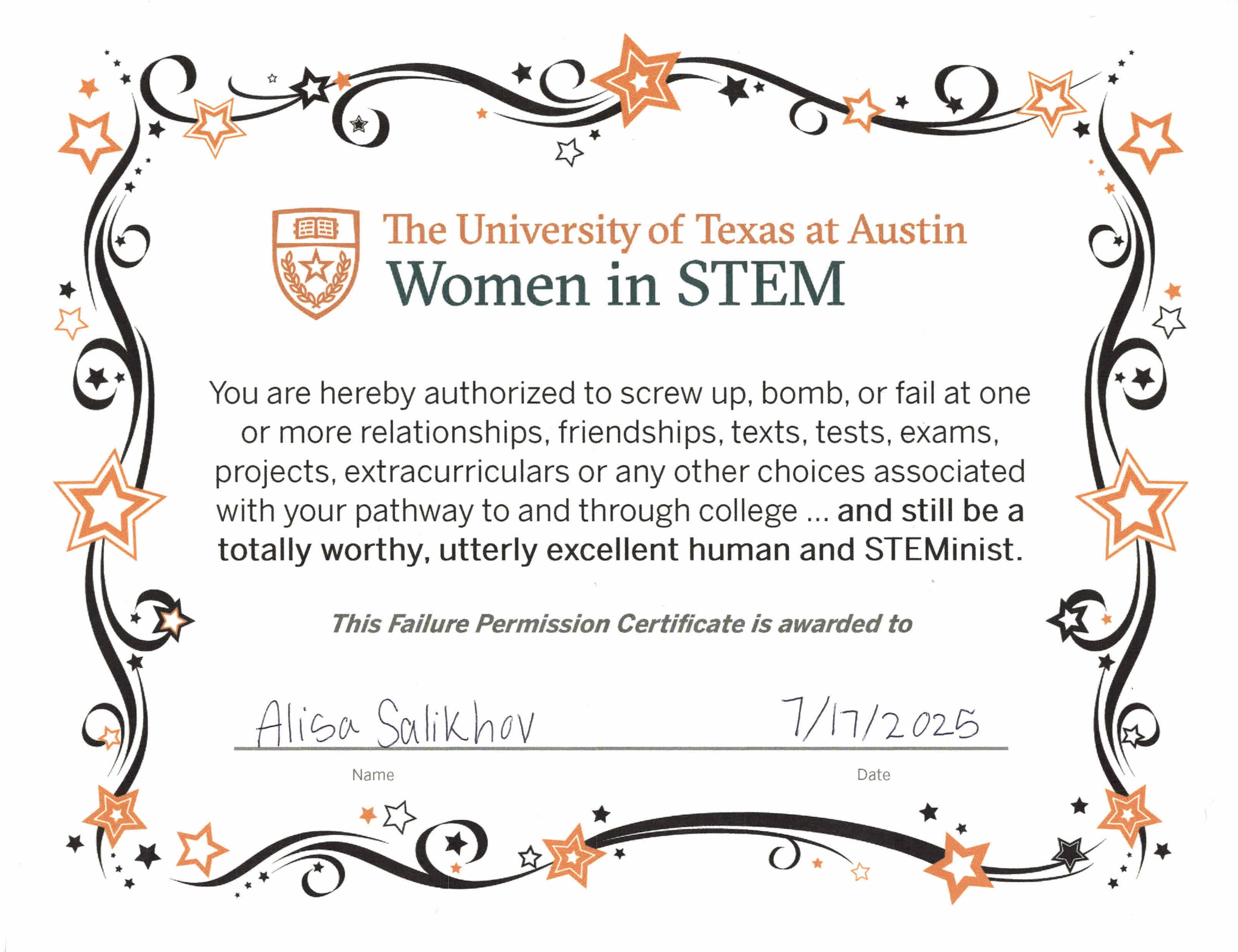 UT Austin Women in STEM — Failure Permission Certificate